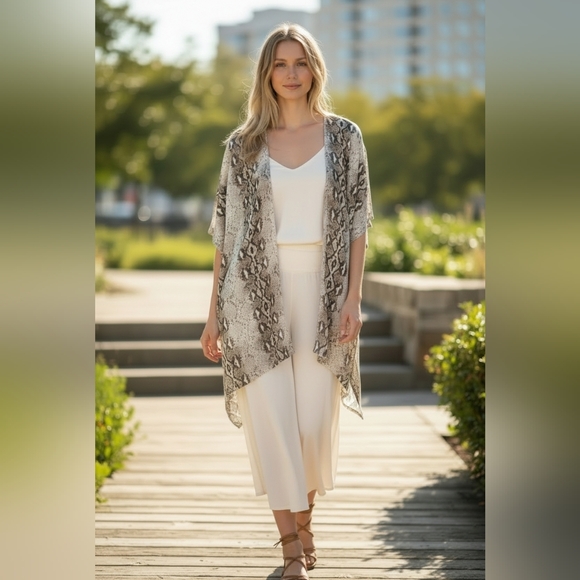 everything in love Sweaters - Everything In Love, Snake Print Kimono Throw, One Size Black Tan White